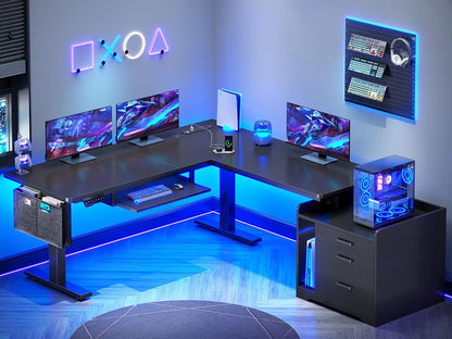 L Shaped Electric Standing Desk with File Cabinet, 63 x 53'' Height Adjustable Home Office Computer Desk with Drawers, Power Outlet, Stand up Gaming Table with Led Lights, Keyboard Tray, Black
