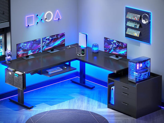 L Shaped Electric Standing Desk with File Cabinet, 63 x 53'' Height Adjustable Home Office Computer Desk with Drawers, Power Outlet, Stand up Gaming Table with Led Lights, Keyboard Tray, Black