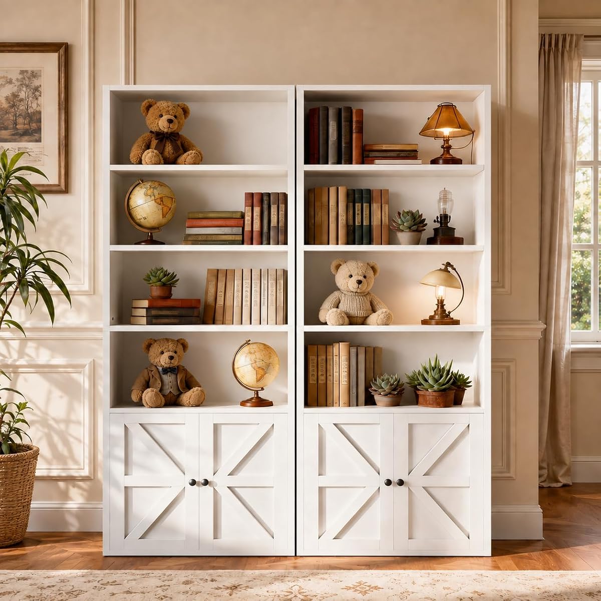 71.5" Bookshelf Set of 2, 6-Tier Bookcase with Cabinet Doors