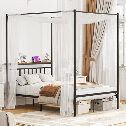 Full Canopy Bed Frame with Storage Headboard Minimalist Style 4 Posters Bed