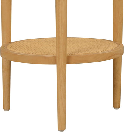 Sonia Boho round Accent End Table, Natural Sofa Side Table in Light Wood with Rattan Storage Shelf for Living Room, Bedroom or Nursery, Light Brown