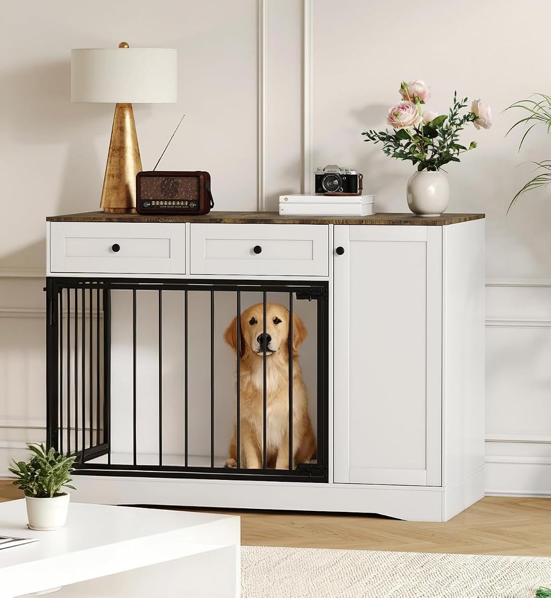 47" Dog Crate Furniture with 2 Drawers & Storage Cabinet