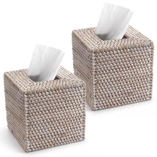 Whitewash woven rattan tissue box covers, pack of two