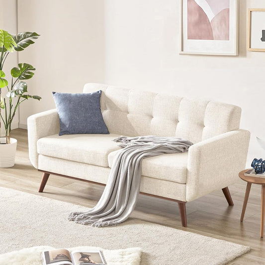 Loveseat Sofa, Mid-Century Love Seat Couches, Boucle Small Sofa for Living Room, Bedroom, Office, Button Tufted Upholstered Furniture, Beige