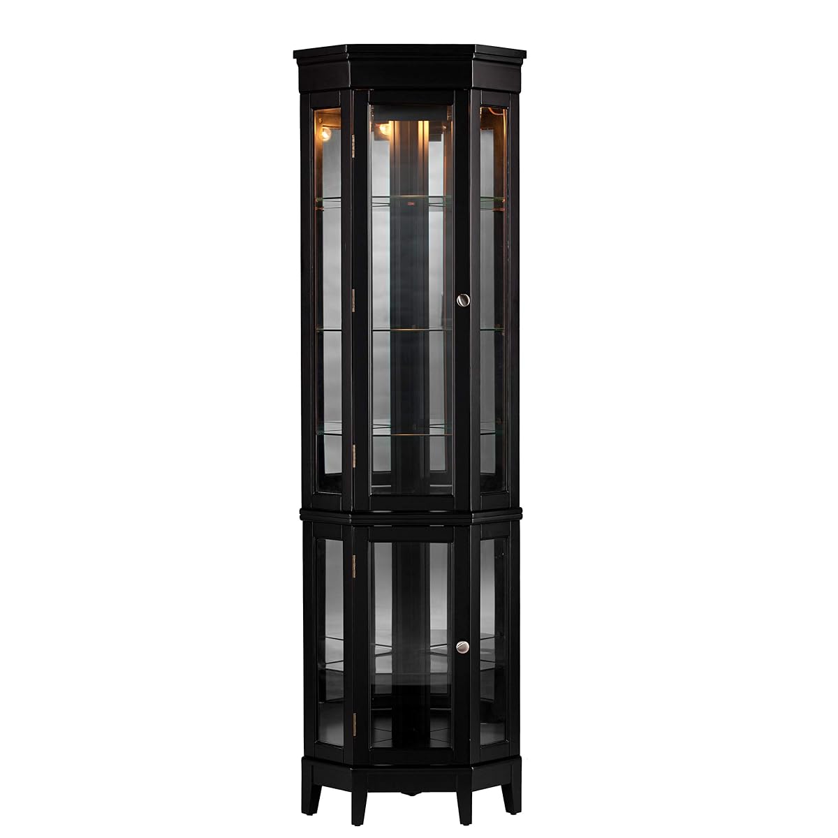 Essex Corner Curio Cabinet - Adjustable Glass Shelves - 2 Tier With Black Finish, Transitional Style Pine, Black
