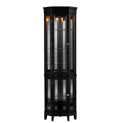 Essex Corner Curio Cabinet - Adjustable Glass Shelves - 2 Tier With Black Finish, Transitional Style Pine, Black