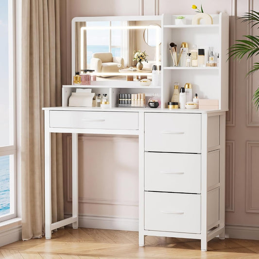 Vanity Desk with Mirror and Lights, 17.7" D x 35.4" W x 52.4" H