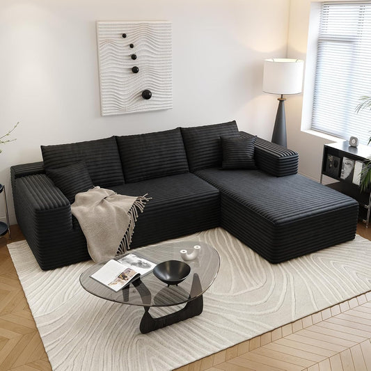 107.5" Cloud Sectional Couch with L-Shape Chaise,Modern Modular Sofa with Deep Seat, Upholstered Couches for Living Room Bedroom Apartments,No Assembly Required, (Black,Right Facing Chaise)