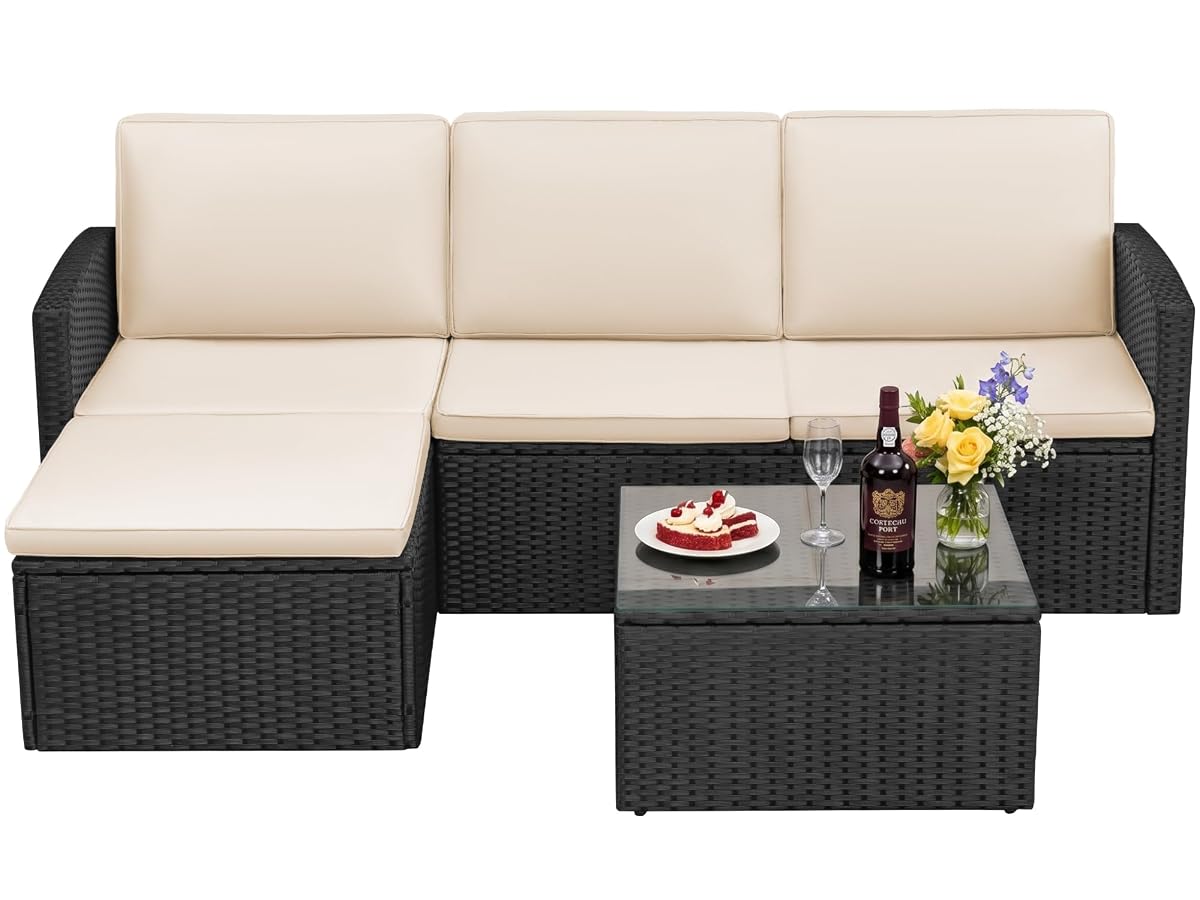Patio Sofa,Outdoor Furniture Set 4 Pieces,Wicker Sectional Couch with Glass Desktop and 75.9in Wide Backrest for Backyard, Deck,Porch & Poolside(Black)