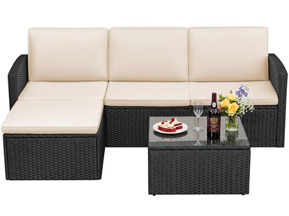 Patio Sofa,Outdoor Furniture Set 4 Pieces,Wicker Sectional Couch with Glass Desktop and 75.9in Wide Backrest for Backyard, Deck,Porch & Poolside(Black)