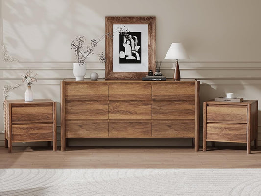 3-Piece Bedroom Dresser Set-9 Drawer Dresser & 2 Nightstands,63" Wide Walnurt Dresser and Night Stands with Solid Wood Cylindrical Legs,Rustic Wooden Storage for Bedroom