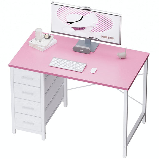 32 Inch Computer Desk with 4 Drawers Small Office Desk for Home Bedroom Study Writing Simple Modern Computer Table Pink