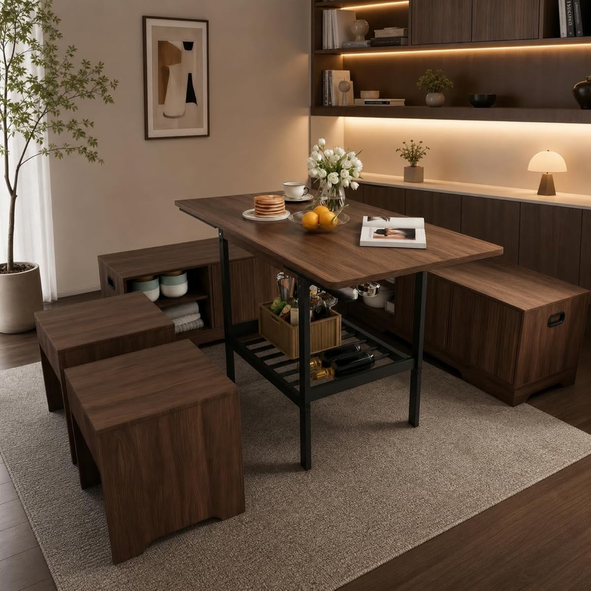 Extendable 6-Piece Breakfast Nook Set with Storage Benches & Stools, Corner Dining Table Set with Wine Glass Holder, Space-Saving Kitchen Table for Indoor/Outdoor Use (Walnut)