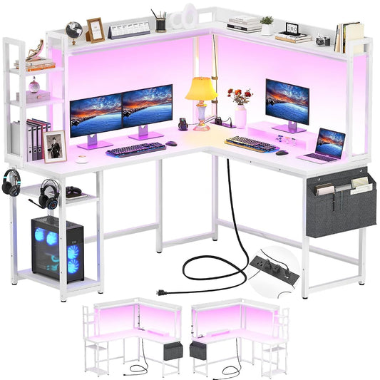 L Shaped Desk Gaming Desk with Power Outlet & LED Light & Monitor