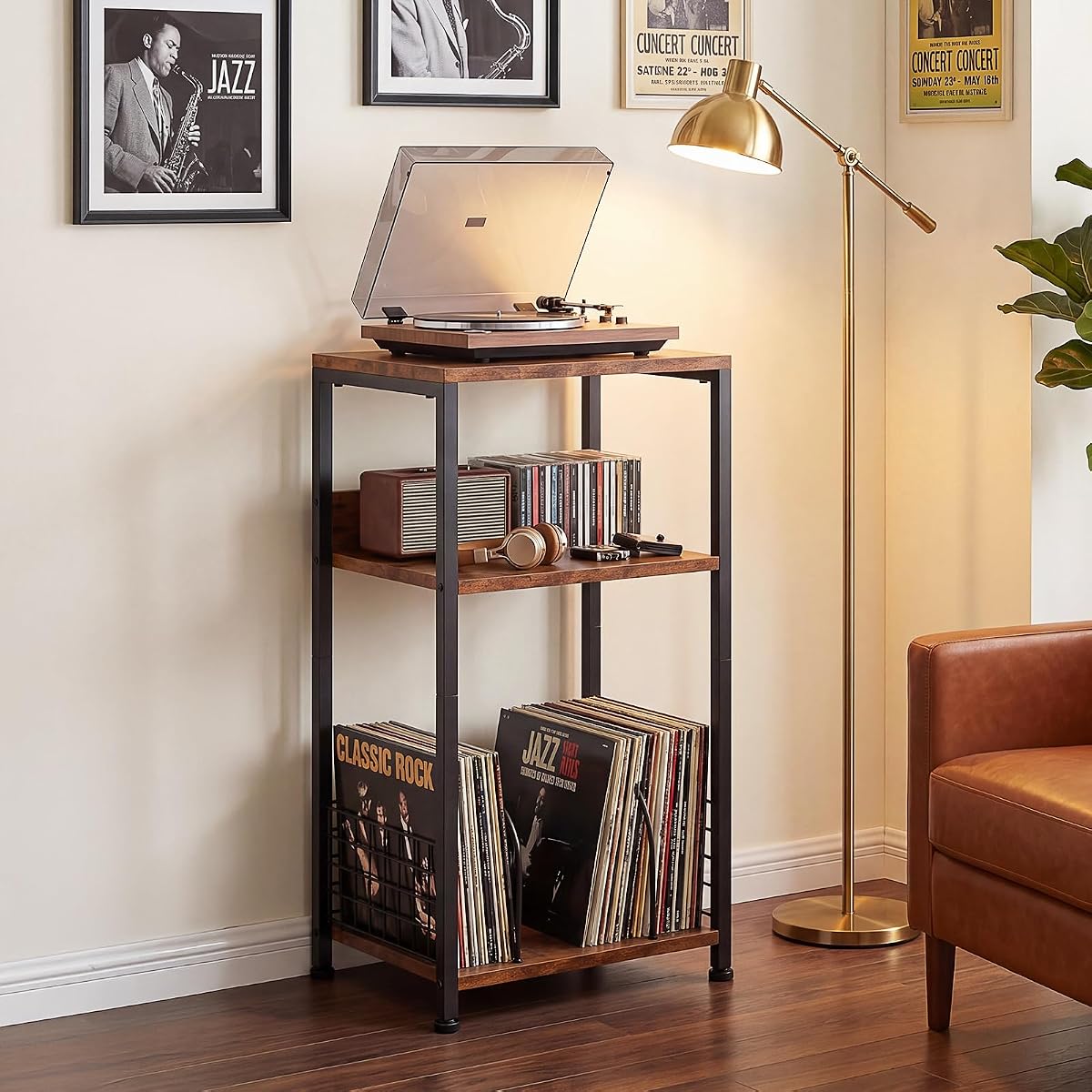 Record Player Stand, Brown, 3-Tier Vinyl Storage