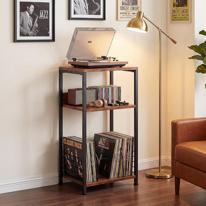Record Player Stand, Brown, 3-Tier Vinyl Storage
