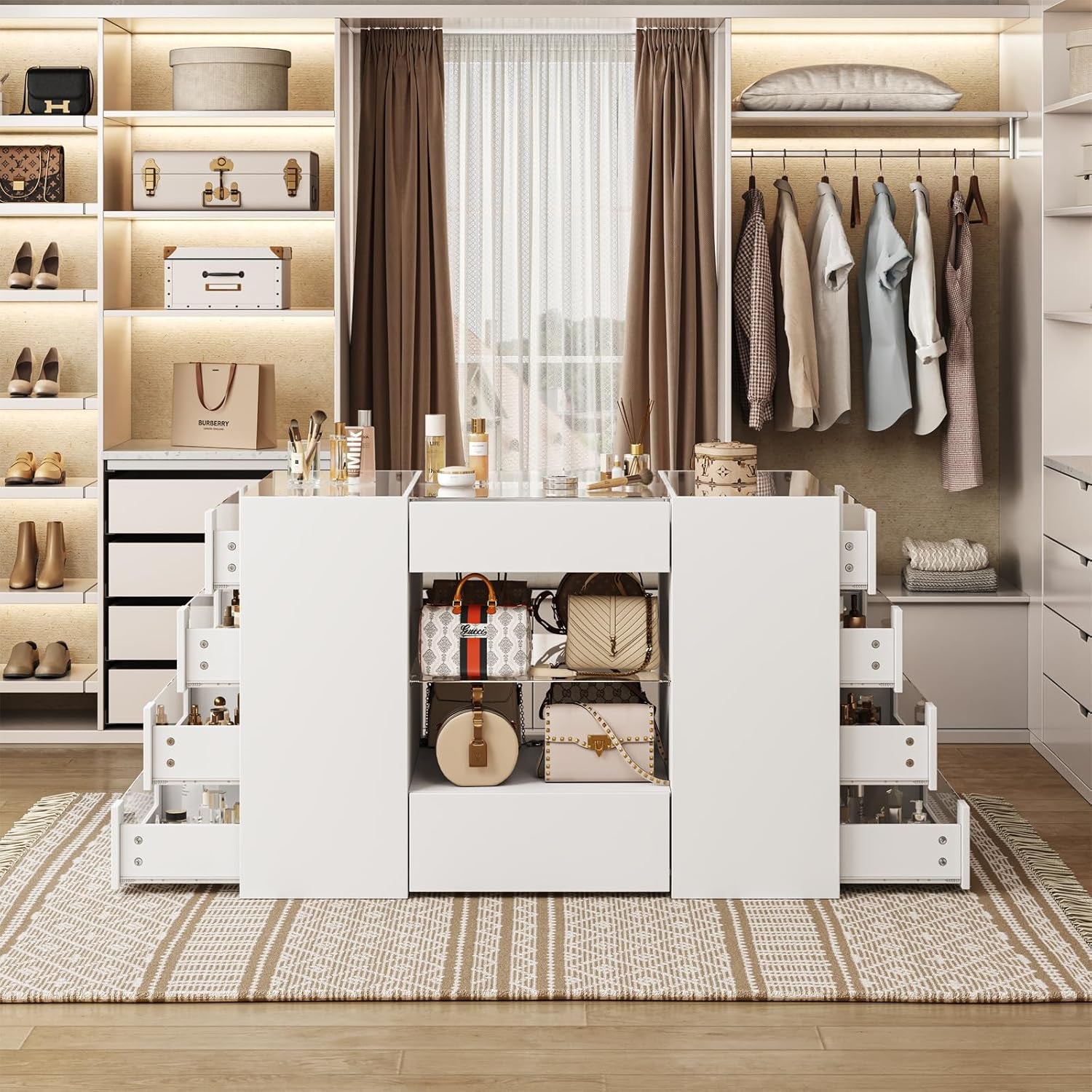 Closet Island with Drawers, Wardrobe Armoire Bedroom Island, Glass Display Shelf & 12 Drawers, White Dresser with Glass Top, Walk-In Closet Island for Bedroom, Cloakroom