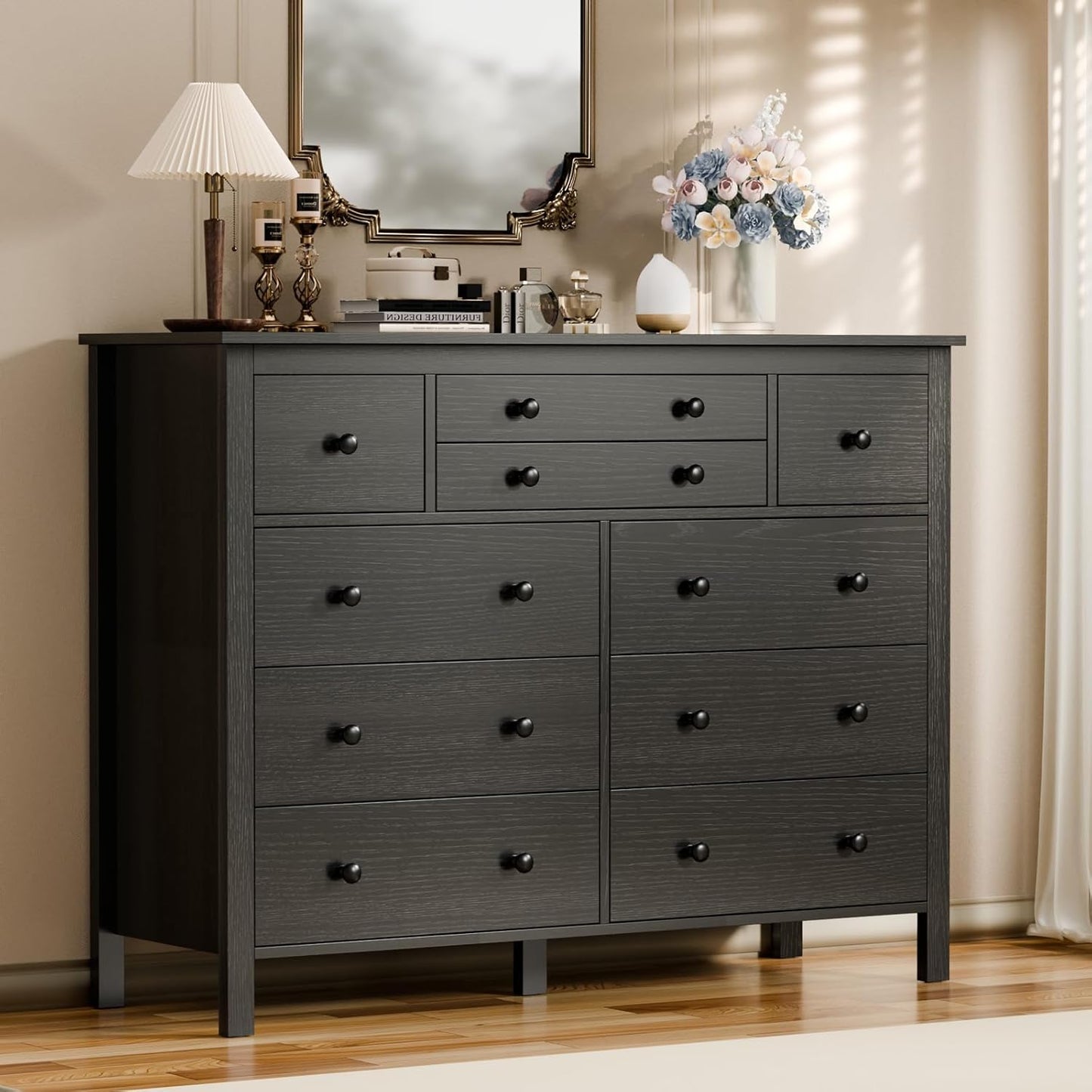 10 Drawer Large Black Dresser for Bedroom, 47.2" Long Chest of Drawers with Deep Drawers, Modern Wooden Storage Dresser for Closet, 36.2" Tall TV Stand for Living Room, Hallway, Entryway