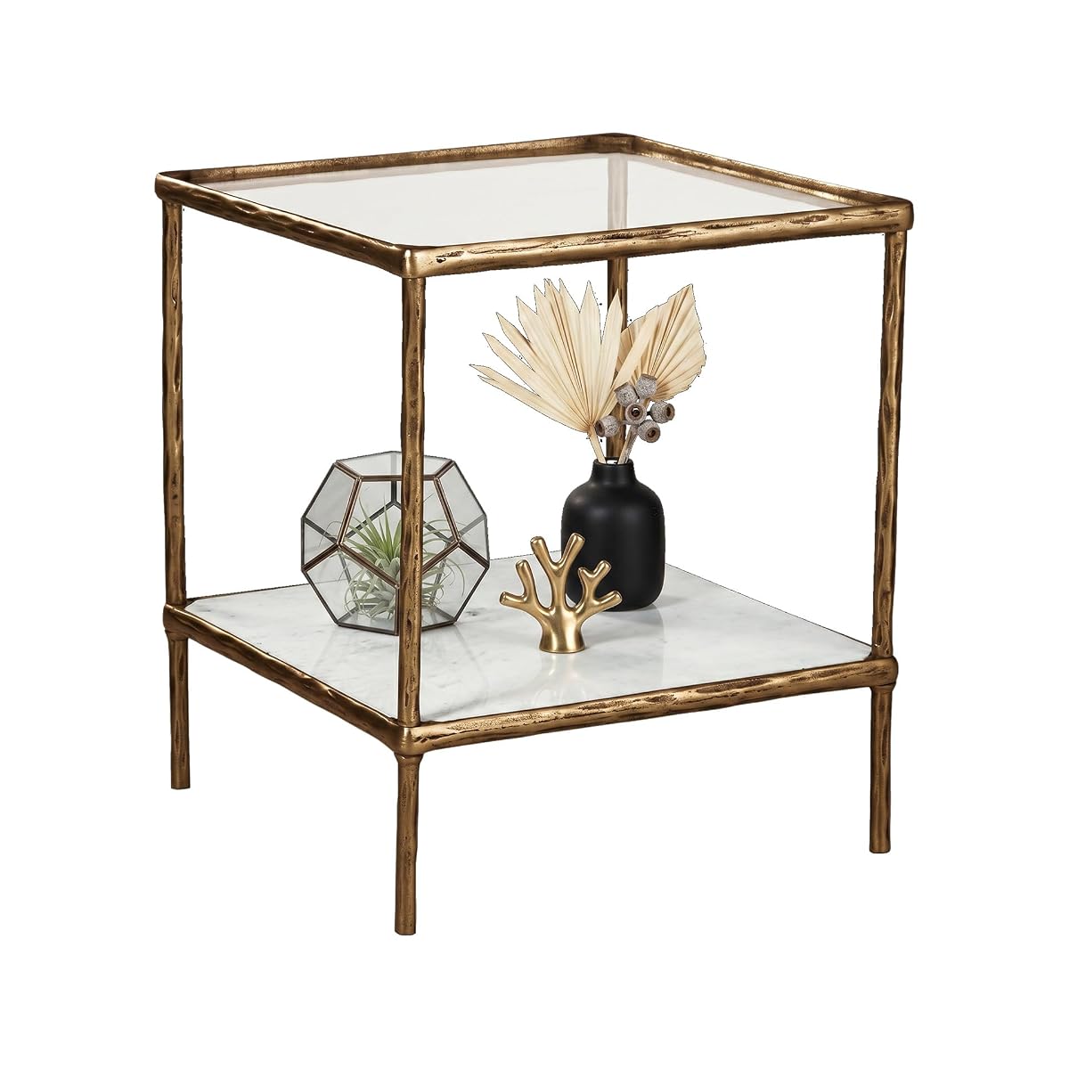 Signature Design by Ashley Ryandale Square Accent Table for Living Room, Sand‑Casted Aluminum Frame With Brass Finish, Glass Top and White Marble Shelf, 21" Size