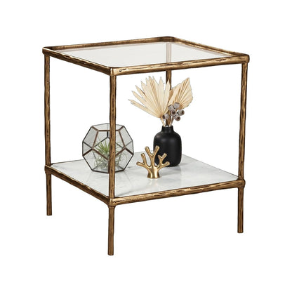 Signature Design by Ashley Ryandale Square Accent Table for Living Room, Sand‑Casted Aluminum Frame With Brass Finish, Glass Top and White Marble Shelf, 21" Size