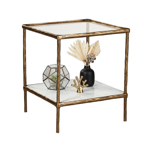 Signature Design by Ashley Ryandale Square Accent Table for Living Room, Sand‑Casted Aluminum Frame With Brass Finish, Glass Top and White Marble Shelf, 21" Size