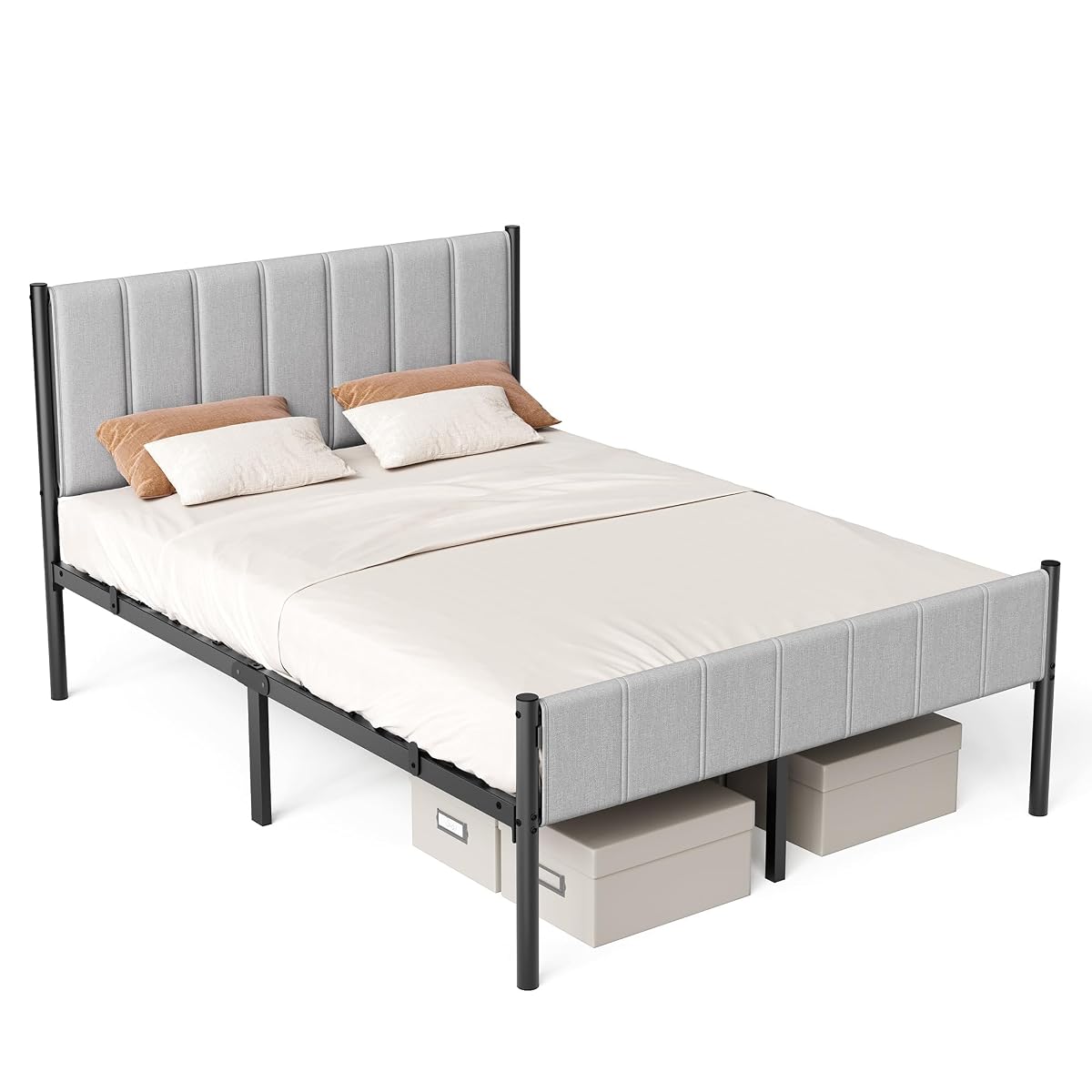 Steel Full Bed Frame with Upholstered Headboard
