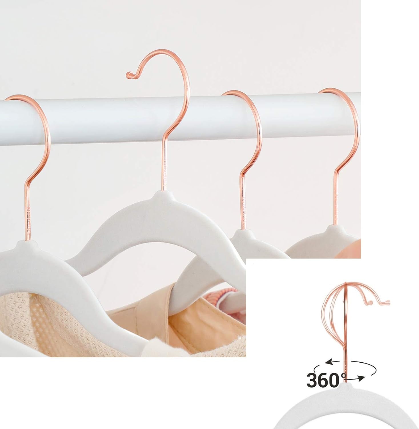Slim Velvet Hangers, Non-Slip Clothes Hangers with Rose Gold Swivel Hooks, Space-Saving, for Closet, 50 Pack, White UCRF026W03