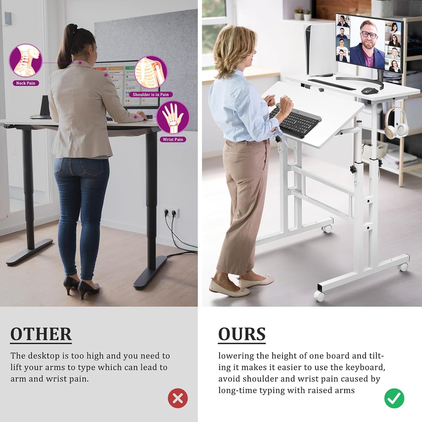 Small Standing Desk with Wheels, Mobile Stand up Desk, Portable Standing Table on Wheels for Walking Pad, Rolling Computer Desk Adjustable Height, Tall Table