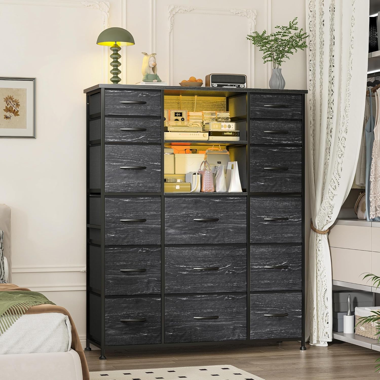 51" H Dresser with 15 Drawers Dresser for Bedroom with Charging Station & LED Lights & Hutch Sturdy Black Bedroom Dressers, Steel Frame, Wood Top, 51.2" H X 39.3" W X 11.8" D