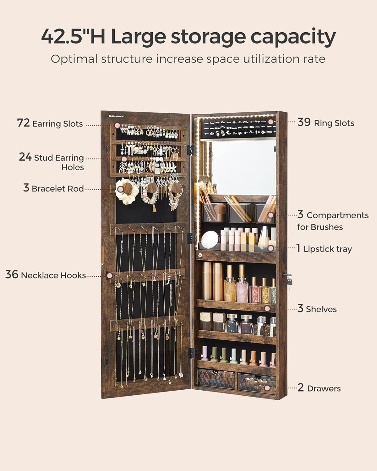 Mirror Jewelry Cabinet Armoire Organizer, Wall or Door Mount Storage Cabinet with Full-Length Frameless Lighted Mirror, Built-In Makeup Mirror, 2 Drawers, Lockable, Rustic Brown UJJC013X01