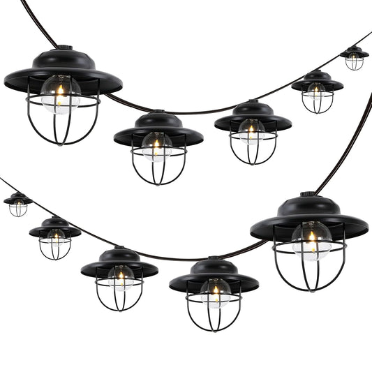 10' Black 10-Light Rustic Farmhouse LED String Lights for Patio, Metal Cage Shade, Weatherproof Connectable Outdoor Hanging Lights, UL Listed JYL8703A