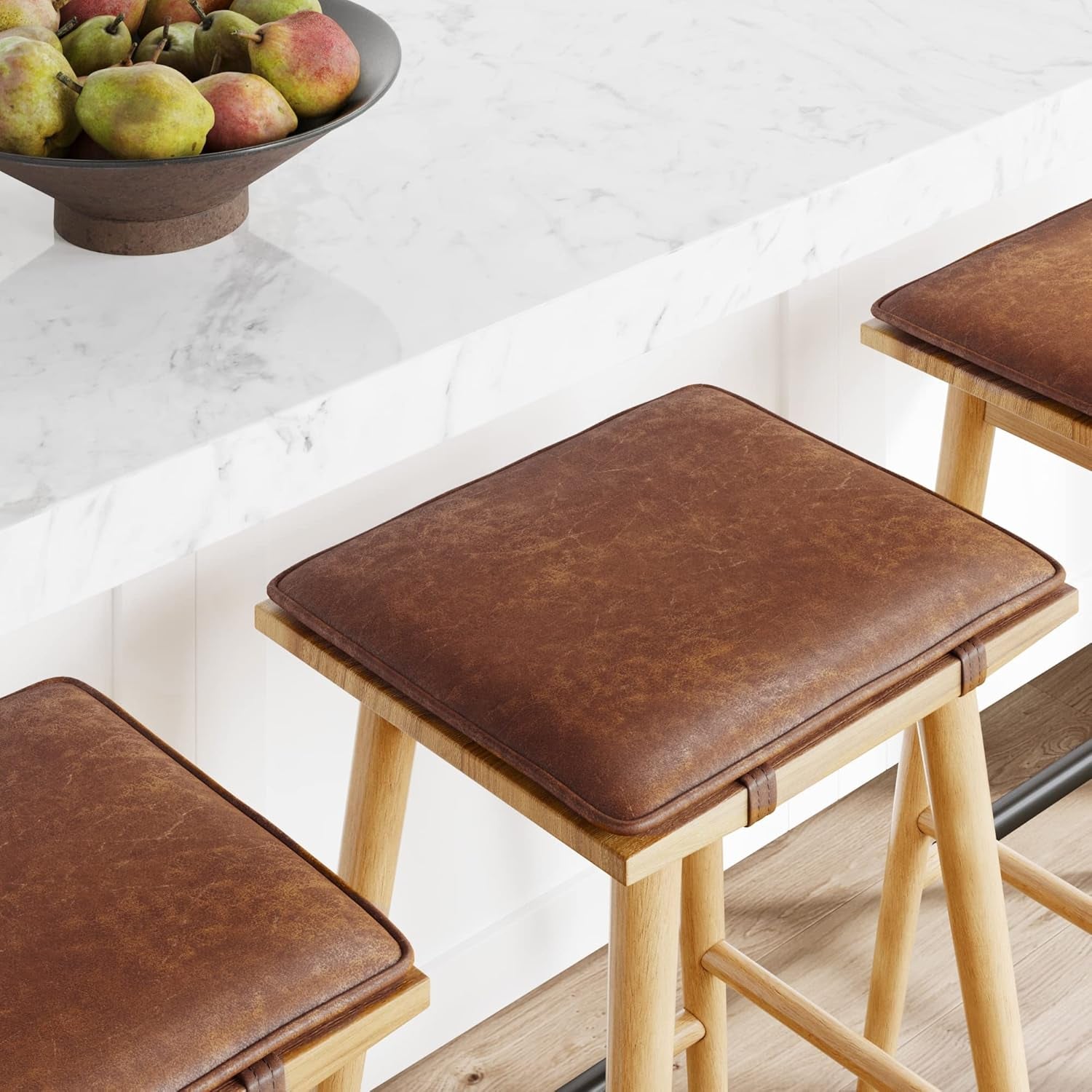 Barker Classic Counter Height Wood Barstool with Leather Removable Cushion, Backless Island 24" Bar Stool for Kitchen, Chestnut Brown