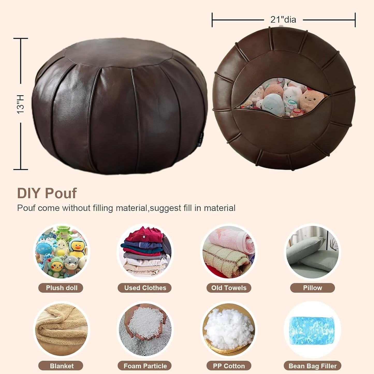 Brown Waterproof Faux Leather Unstuffed Pouf Ottoman, Handmade Moroccan Pouf Cover 21"X13", round Floor Cushion Floor Chair Footstool for Living Room, Bedroom and Wedding (Only Cover)