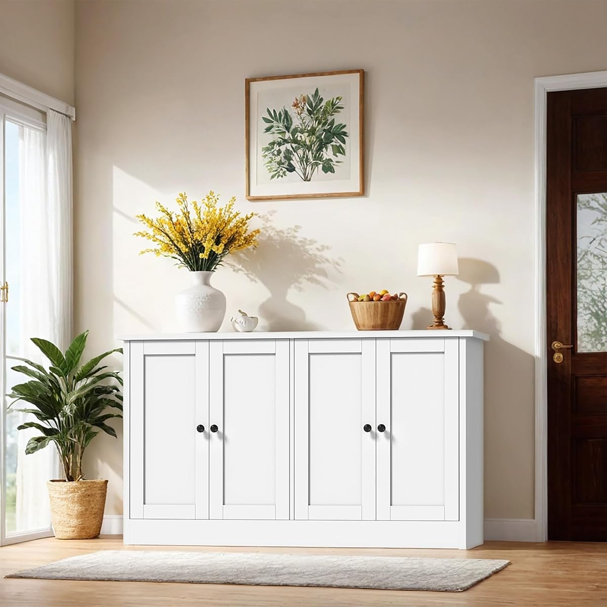 White Buffet Cabinet with Storage, 49" Modern Kitchen Sideboard with 4 Doors & Adjustable Shelves, Wood Coffee Bar Cabinet Console Table for Dining Room, Living Room, Entryway
