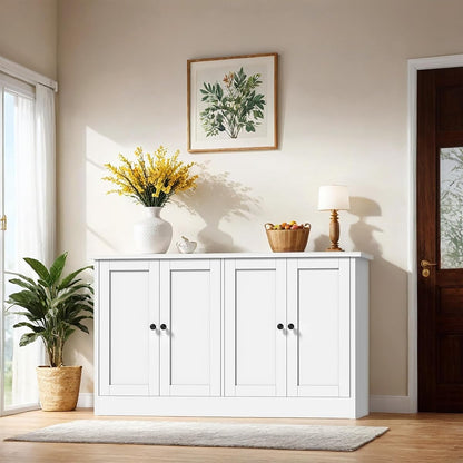 White Buffet Cabinet with Storage, 49" Modern Kitchen Sideboard with 4 Doors & Adjustable Shelves, Wood Coffee Bar Cabinet Console Table for Dining Room, Living Room, Entryway