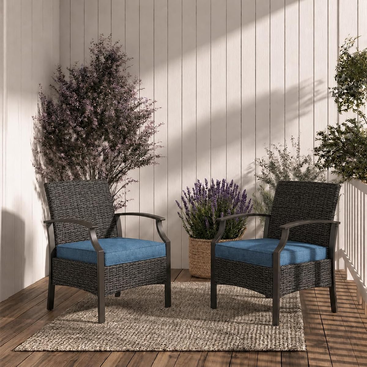 Outdoor Wicker Chairs Set of 2, Wicker Patio Seating with Olefin Cushion for Front Porch Small Balcony Outside (Peacock Blue)