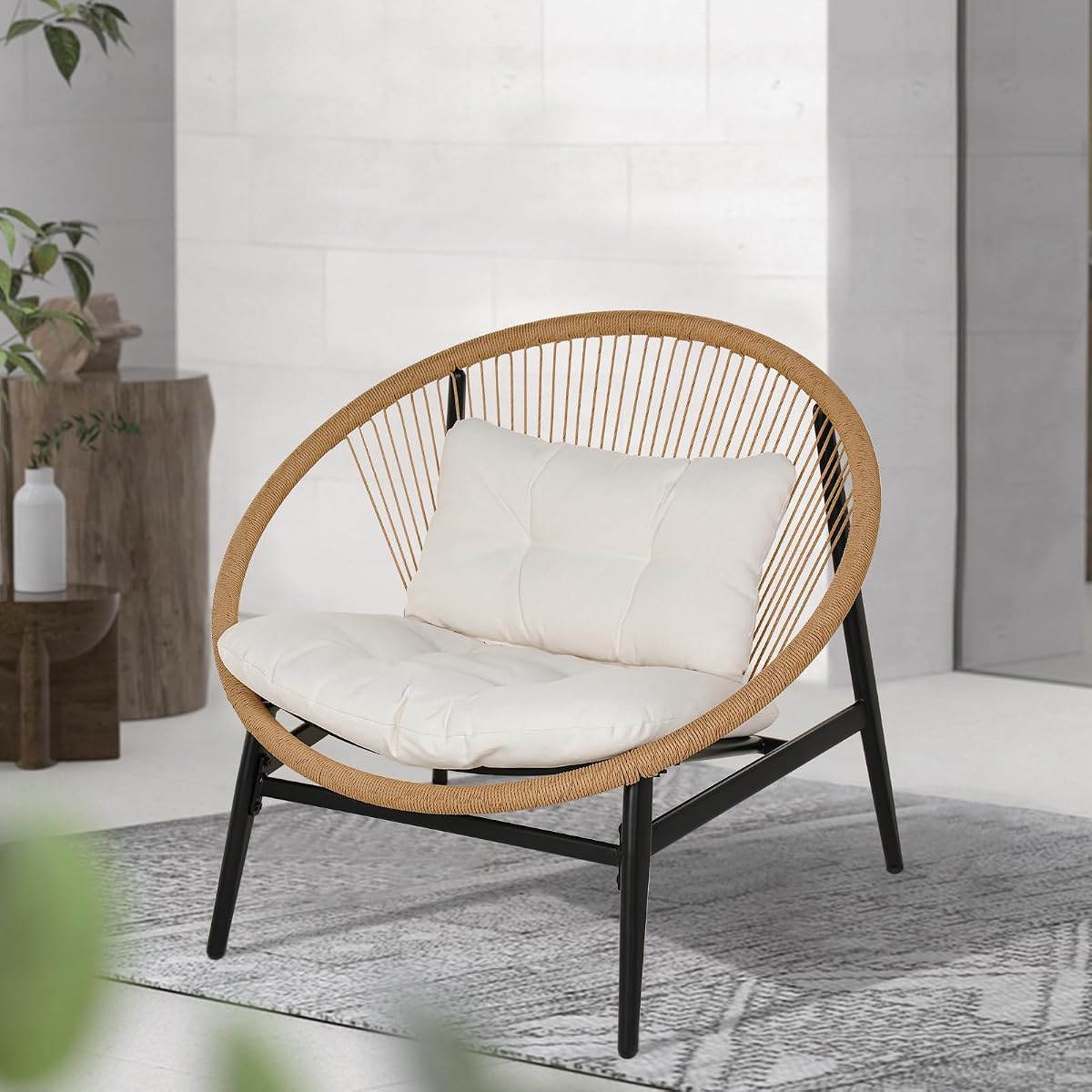 1-Piece Wicker Outdoor Chair, Patio Oversized Chair with Beige Cushion, Outdoor Furniture Set for Porch Balcony Deck Garden
