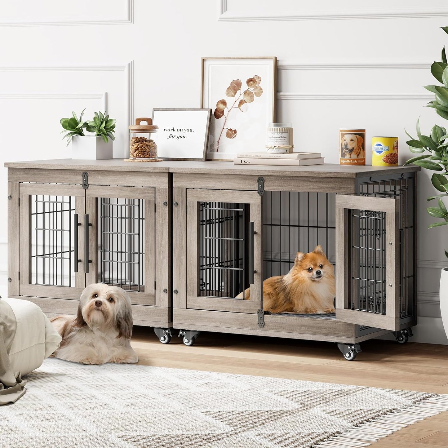 Dog Crate Furniture with Cushion Set of 2, Wooden Dog Kennel Indoor with Double Doors, Dog Cage with Wheels, Dog House Side End Table for Small Dogs up to 30 Lb, 27.2" L, Grey