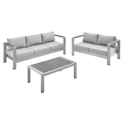 Shore Aluminum 3 Piece Outdoor Patio Furniture Set | Weatherproof | Sunbrella Cushions | Sofa, Loveseat, Coffee Table