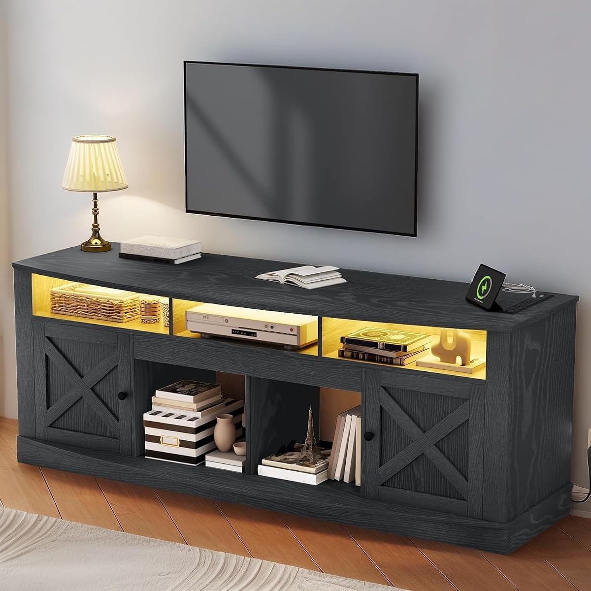 TV Stand with Curved Desktop for 75/80 Inch TVs, Black | Entertainment Center with LED Lights, Media Furniture TV Table with with Power Outlet, TV Consoles for Living Room