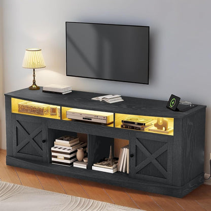 TV Stand with Curved Desktop for 75/80 Inch TVs, Black | Entertainment Center with LED Lights, Media Furniture TV Table with with Power Outlet, TV Consoles for Living Room