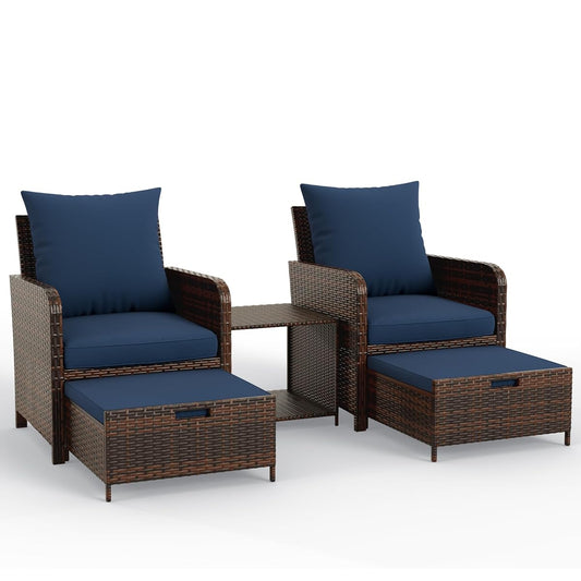 Balcony Furniture Patio Chairs with Hidden Ottoman 5 Piece Patio Furniture Set with Side Table for Front Porch, Blue Cushion