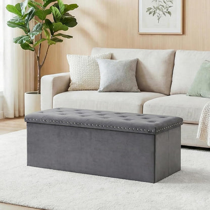 43 in Velvet Storage Ottoman Bench, Foldable Padded Ottoman with Hidden Storage for Bedroom Living Room Entryway, 140L Capacity