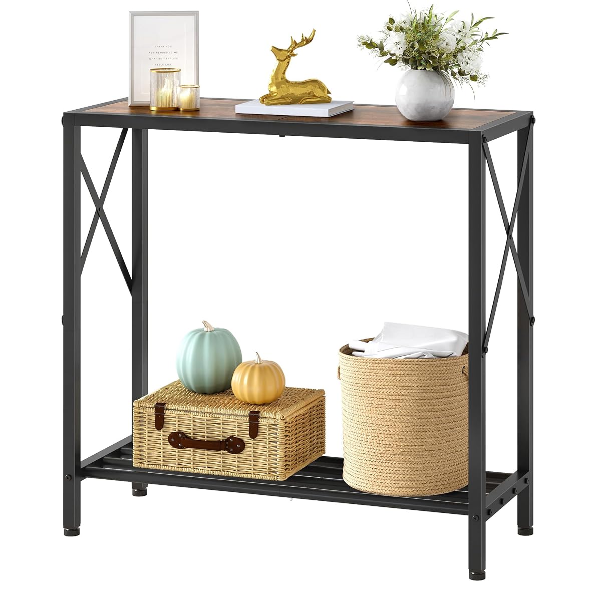 Console Table 28.3''L, 2 Tier Narrow Entryway Table with Open Shelves, Small Sofa Table for Living Room, Entrace, Hallway, Foyer, Corridor, Office, Rustic Brown