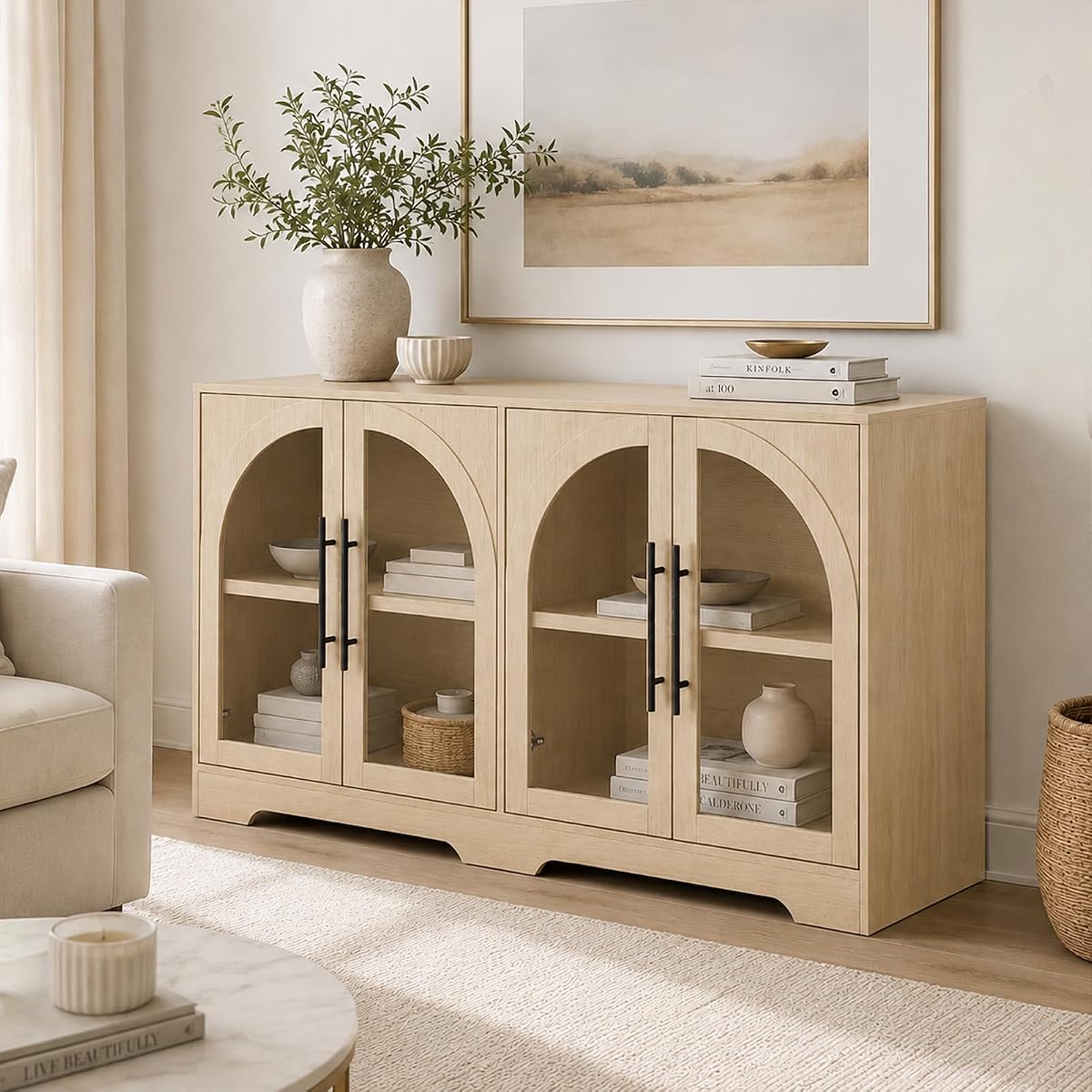 Sideboard Buffet Cabinet with Arched Glass Doors, Adjustable Shelves