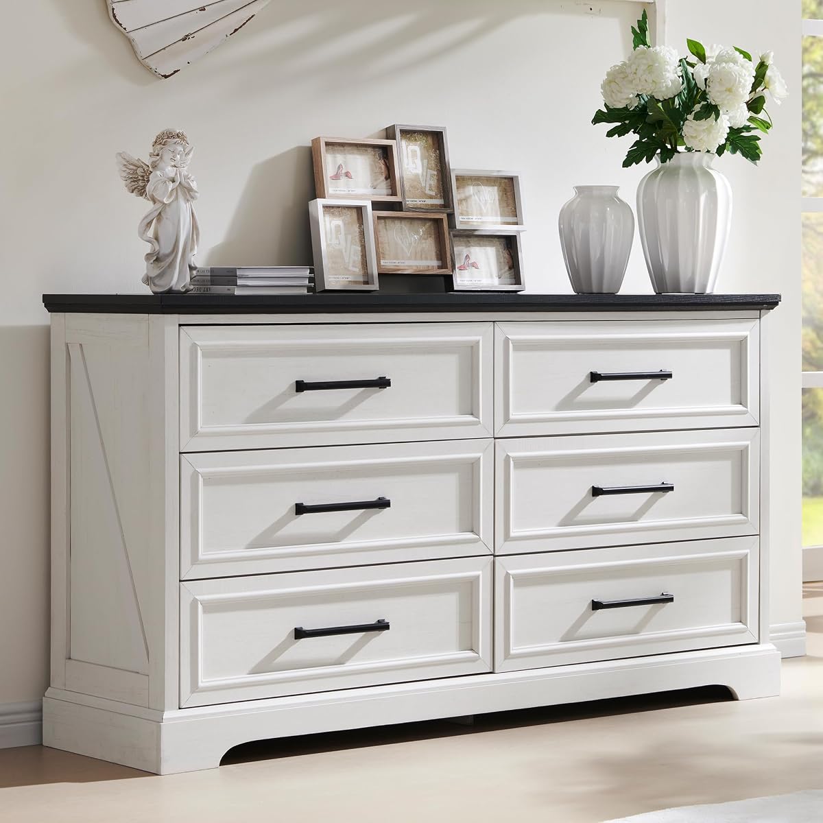 52" Wide Farmhouse 6 Drawer Dresser for Bedroom, Off White