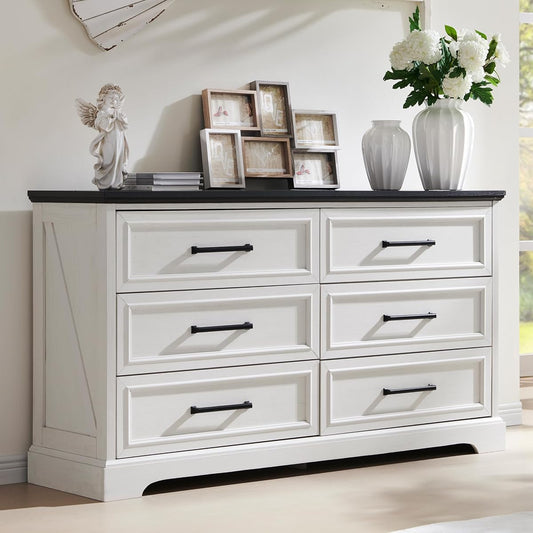 52" Wide Farmhouse 6 Drawer Dresser for Bedroom, Off White