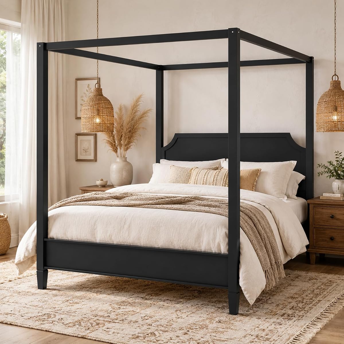 Queen Wooden Canopy Platform Bed Frame with Headboard