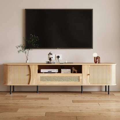Fully Assembled 71" Mid Century Modern TV Stand with Power Outlet and Sliding
