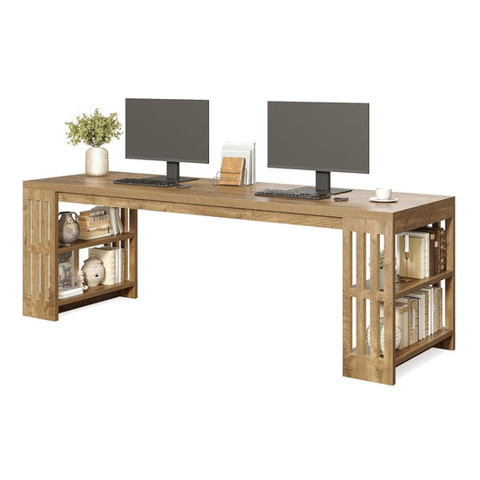 78.7" Long Desk, 2 Person Desk with Shelves, Large Wooden Computer Desk, Heavy Duty Shelf Legs Design for Two Person Home Office, Business, Workstation, Natural (78.7" W x 23.6" D)